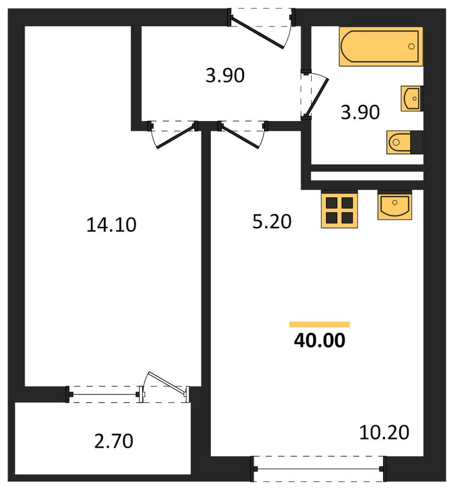 Планировка: 1-комн., 40 м²