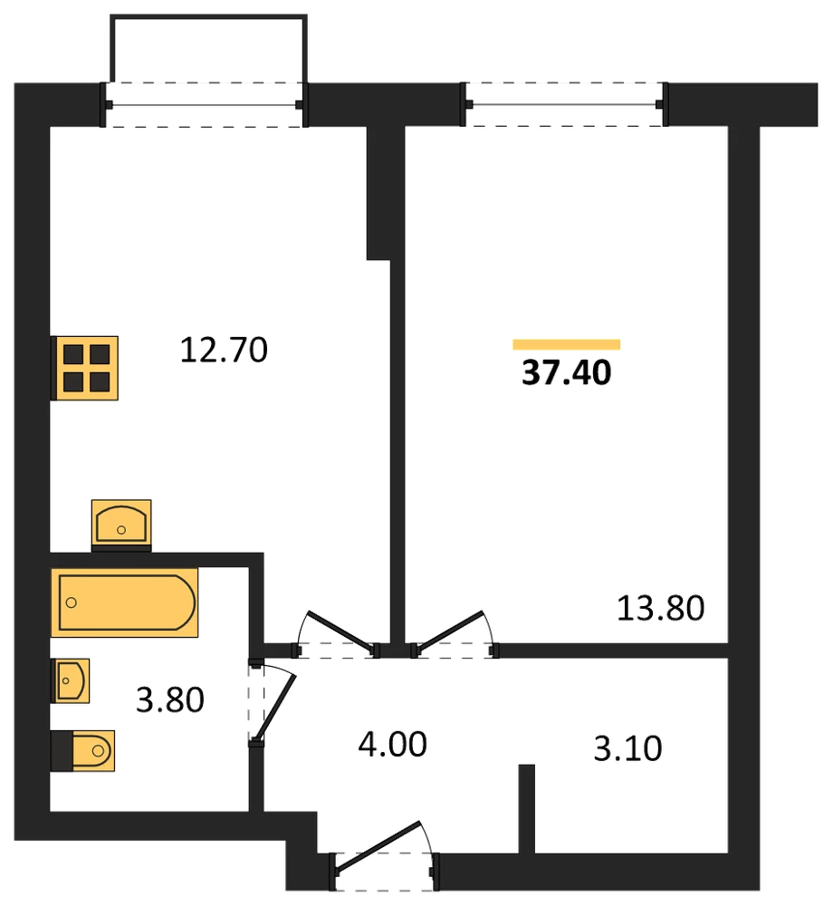 Планировка: 1-комн., 37,4 м²