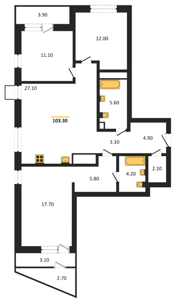 Планировка: 3-комн., 103,3 м²