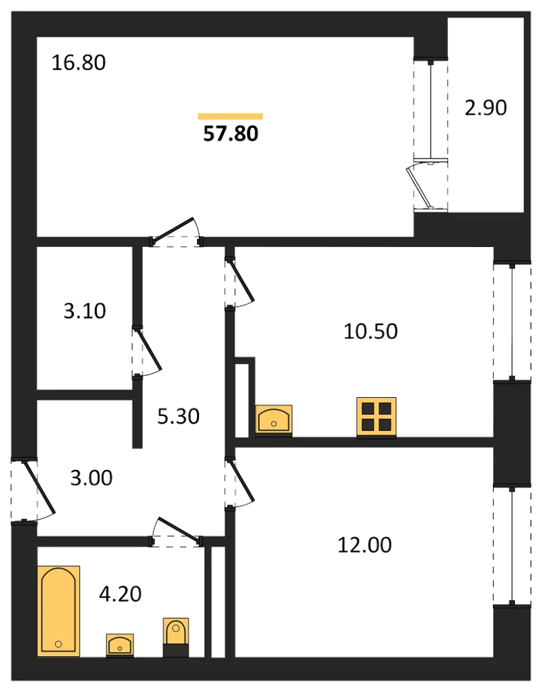 Планировка: 2-комн., 57,8 м²