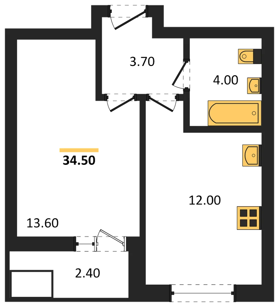 Планировка: 1-комн., 34,5 м²