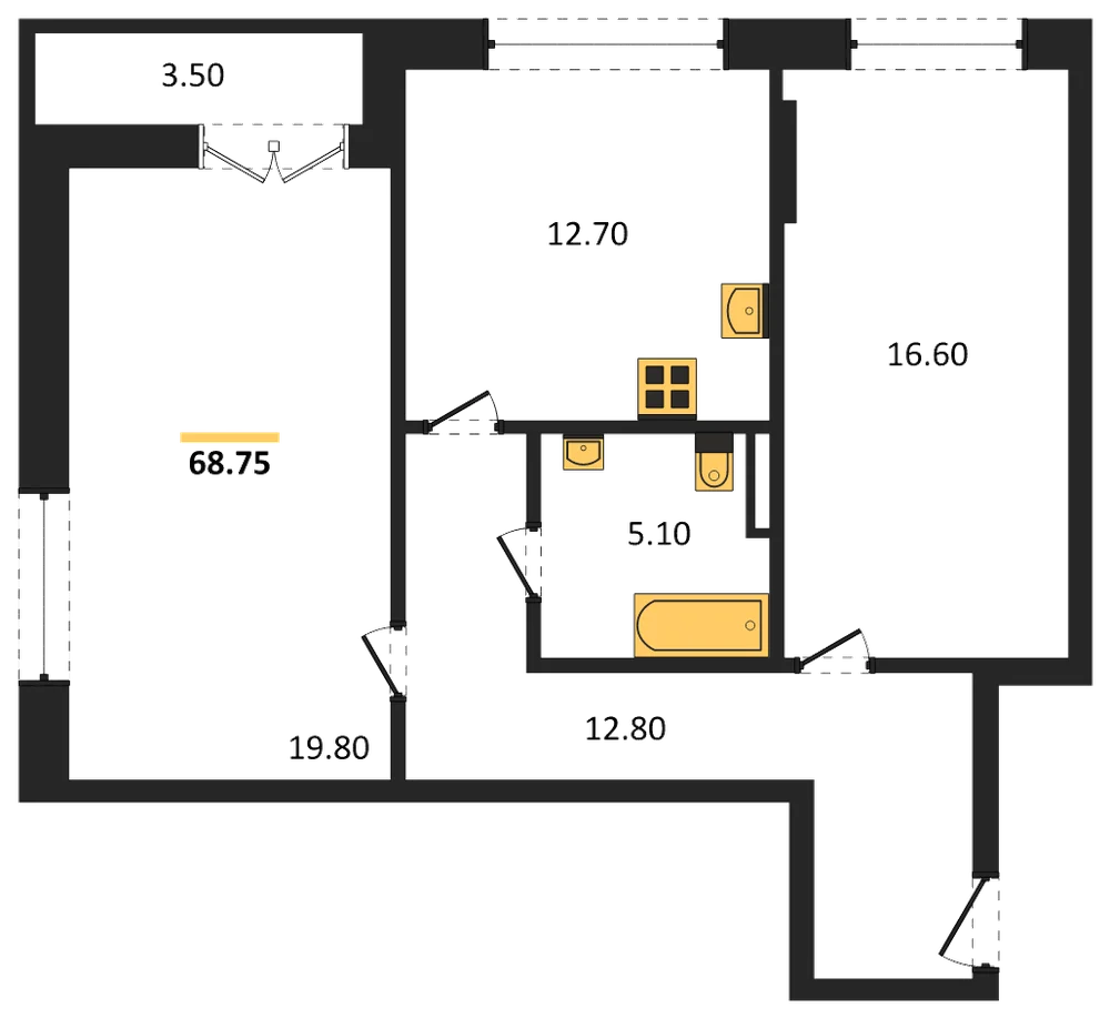Планировка: 2-комн., 68,8 м²
