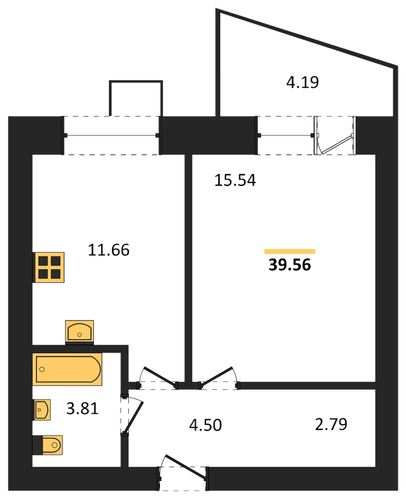 Планировка: 1-комн., 39,5 м²