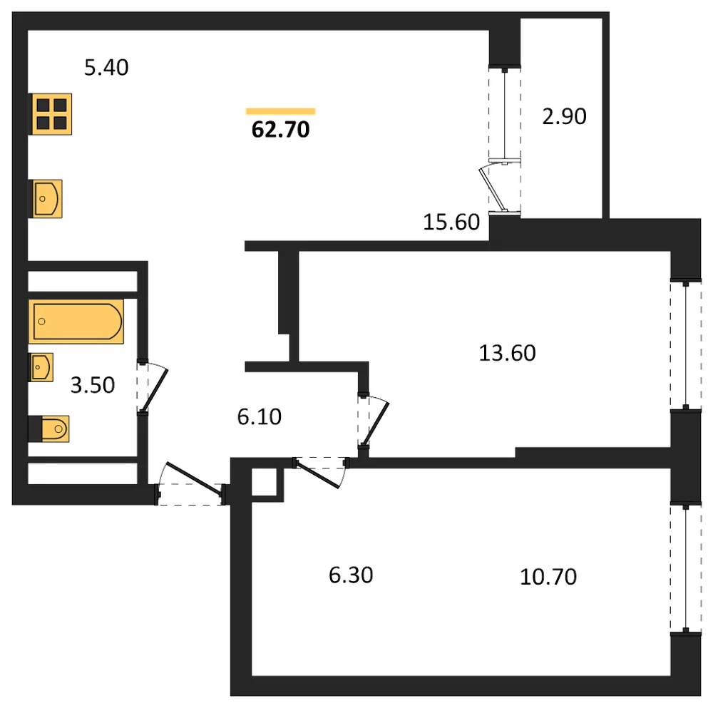 Планировка: 2-комн., 62,7 м²