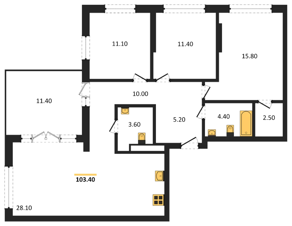 Планировка: 3-комн., 103,4 м²