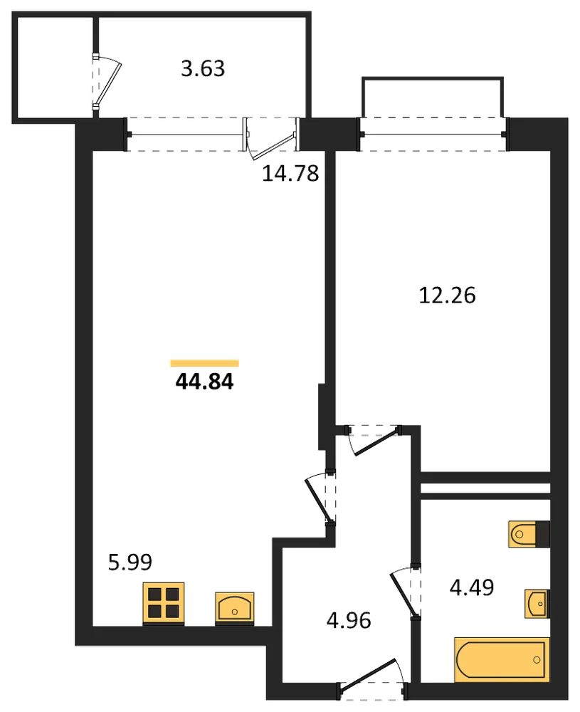 Планировка: 1-комн., 44,8 м²