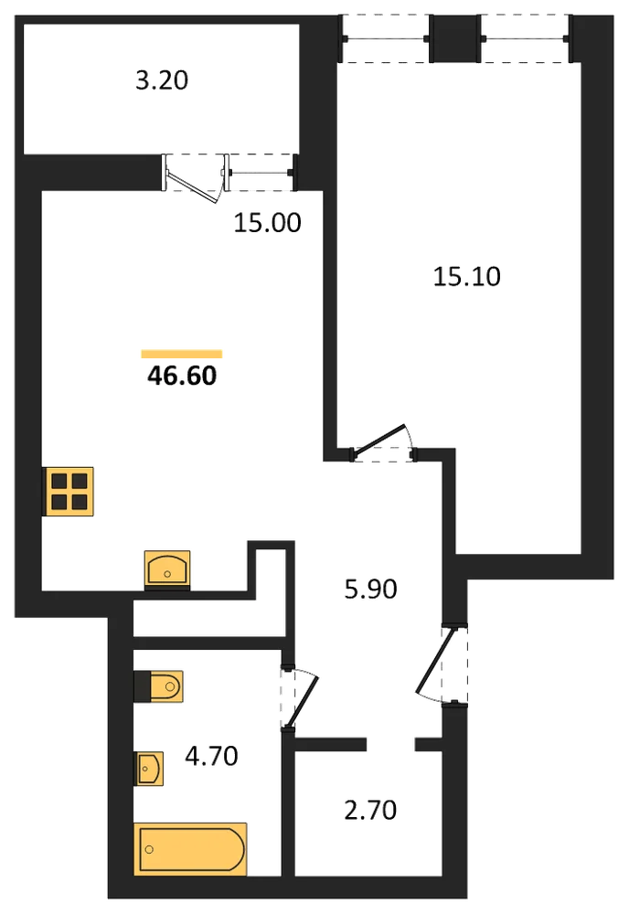 Планировка: 1-комн., 45 м²