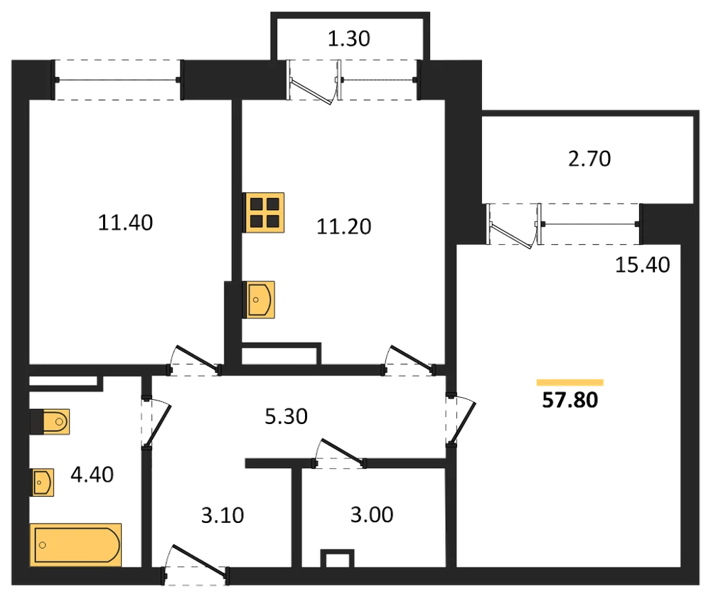 Планировка: 2-комн., 57,8 м²