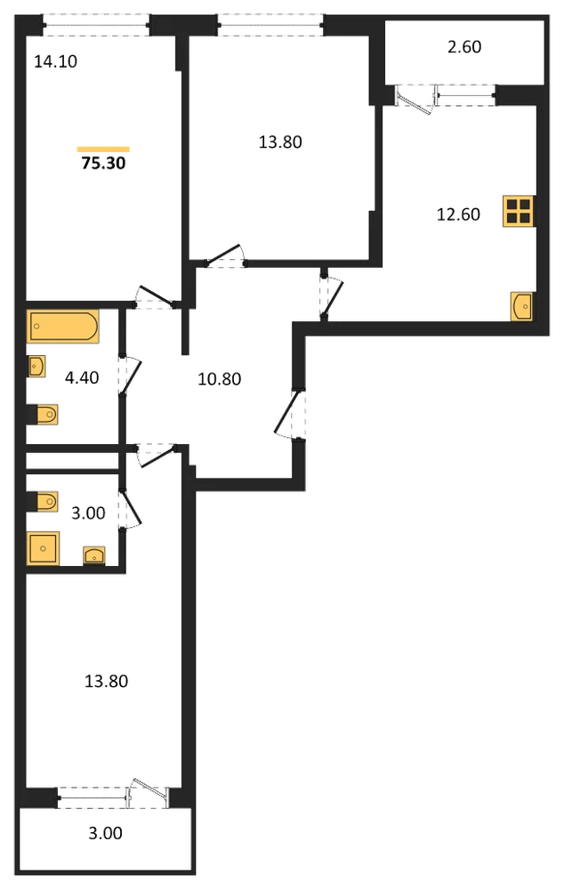 Планировка: 3-комн., 75,3 м²