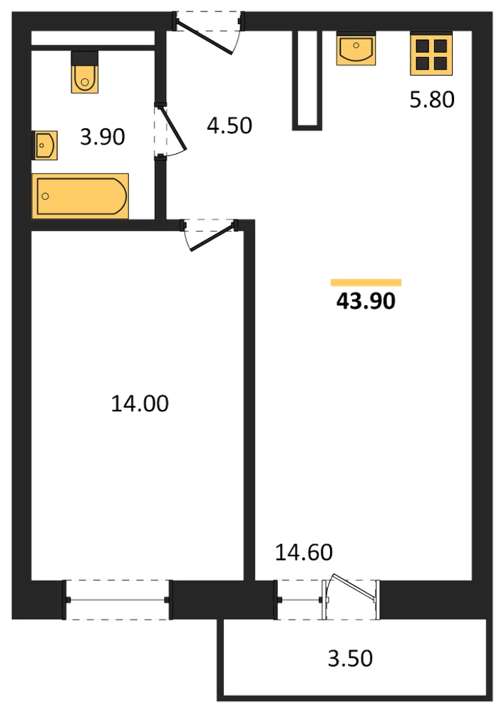Планировка: 1-комн., 43,8 м²