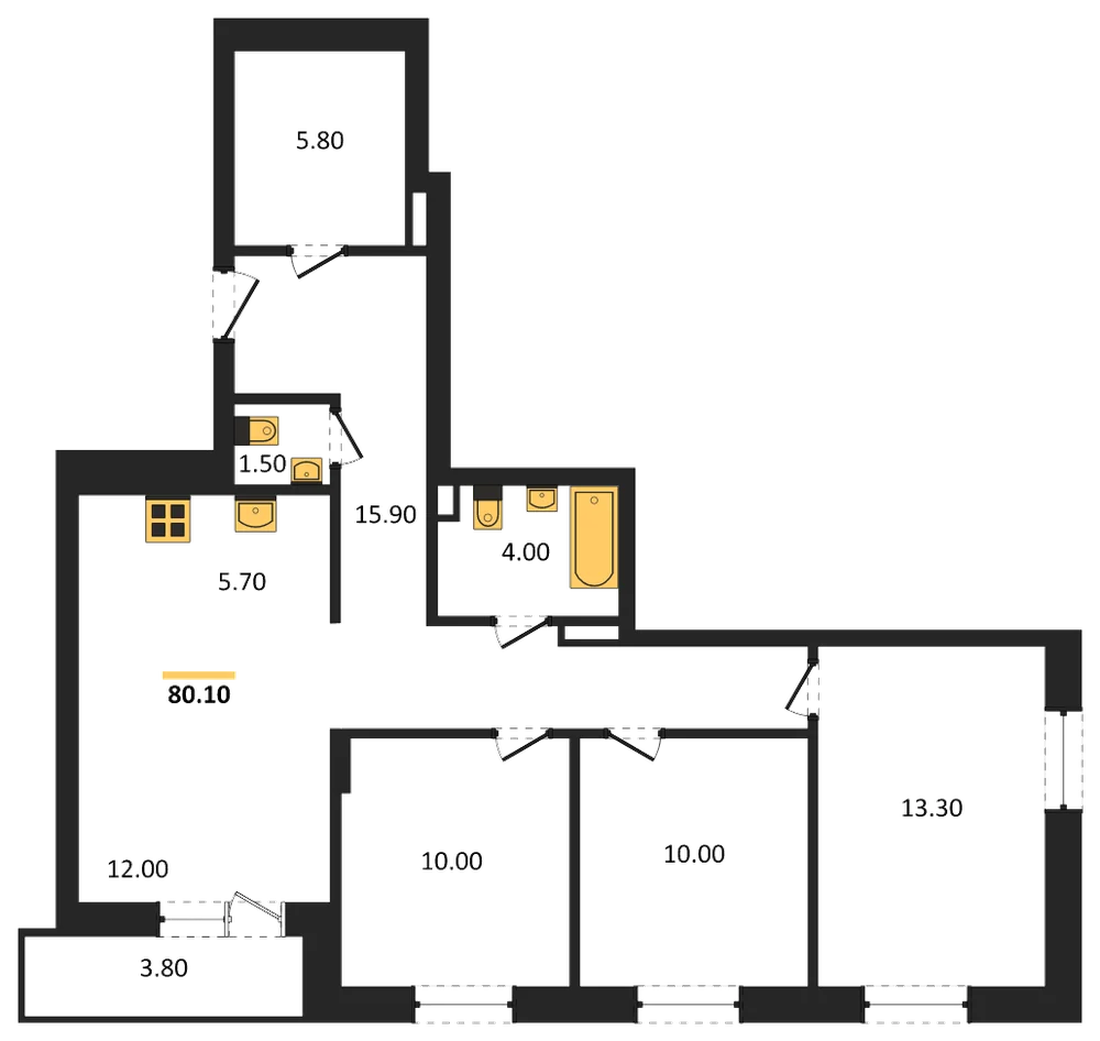 Планировка: 3-комн., 80,1 м²