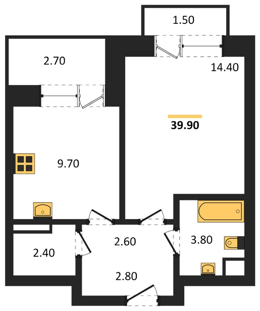 Планировка: 1-комн., 39,9 м²