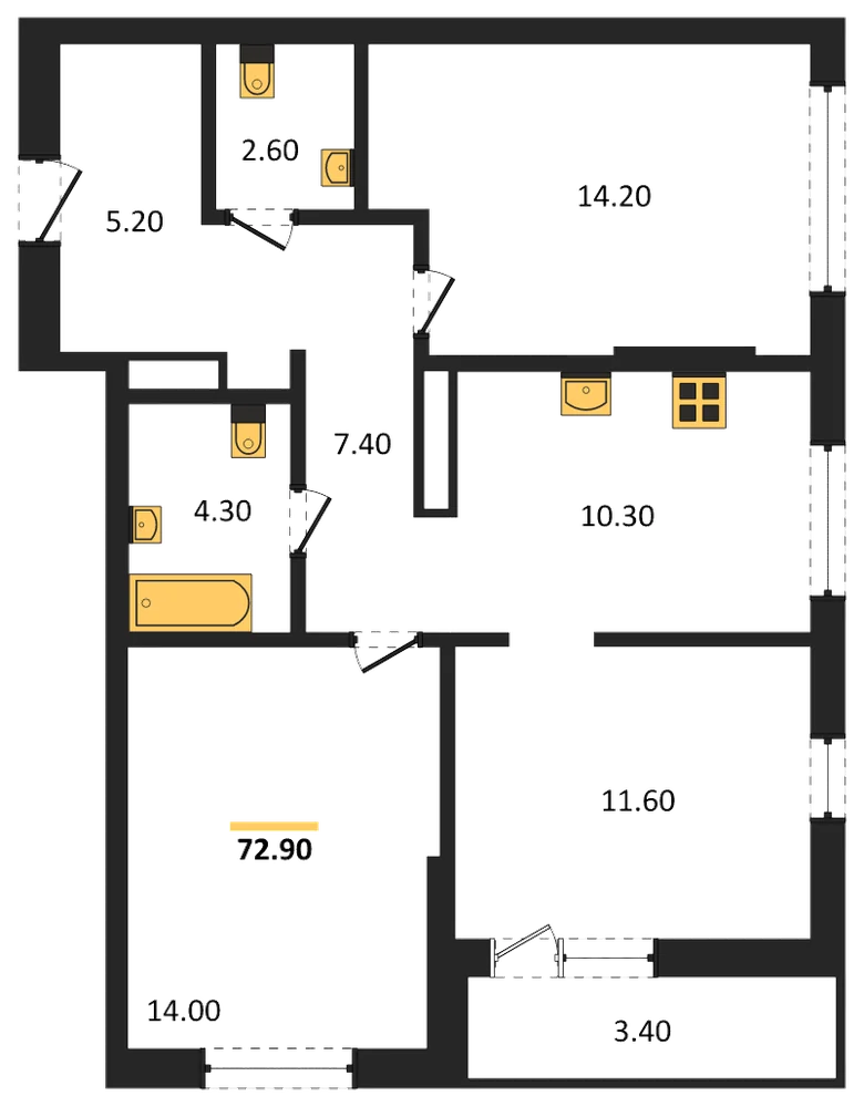 Планировка: 3-комн., 72,9 м²