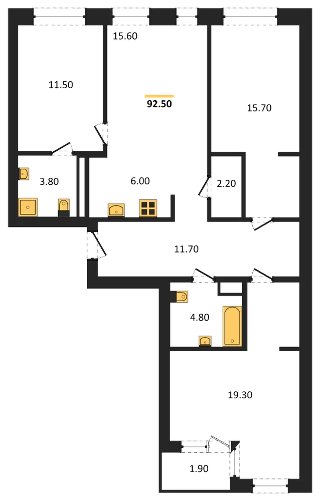 Планировка: 3-комн., 92,5 м²