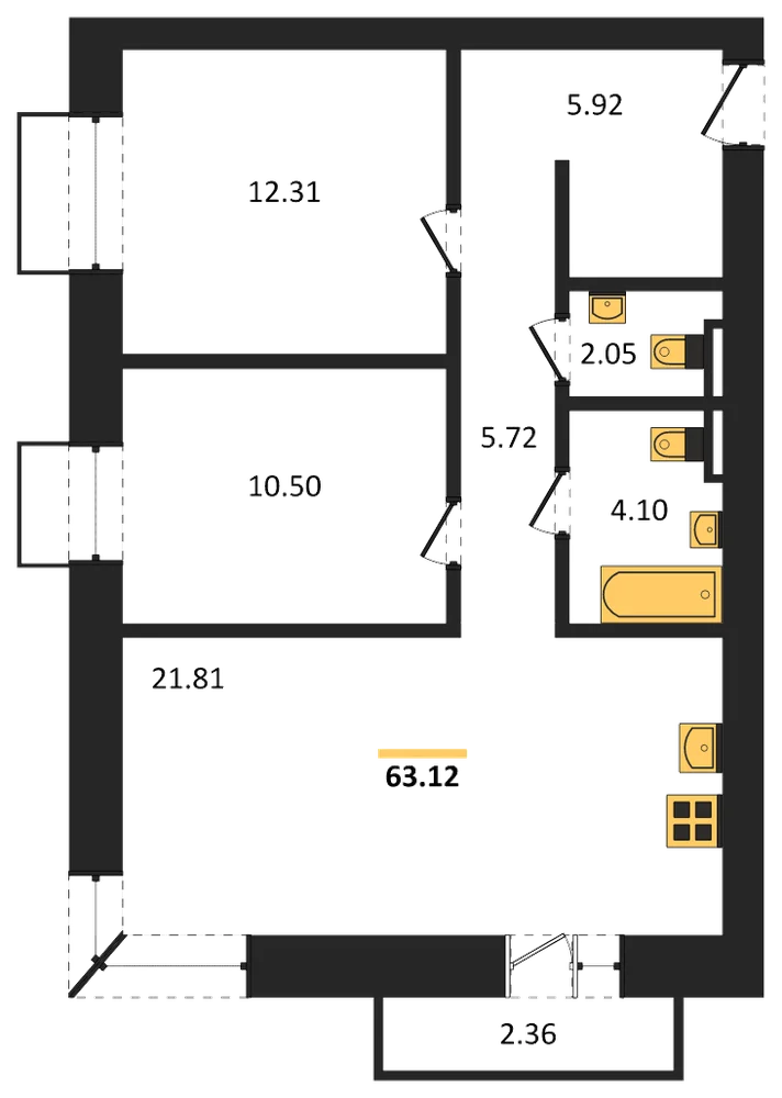 Планировка: 2-комн., 63,1 м²