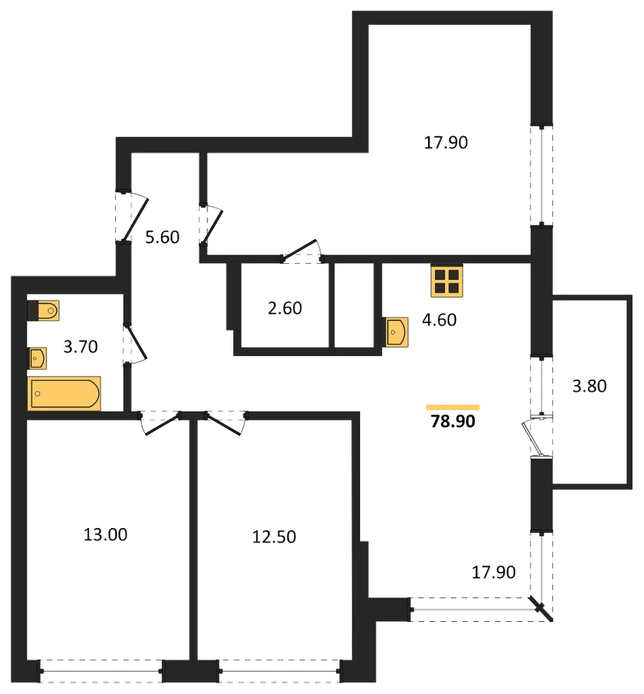 Планировка: 3-комн., 78,9 м²