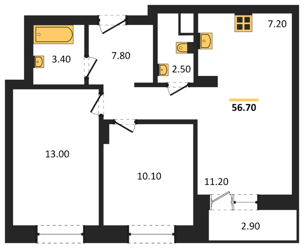 Планировка: 2-комн., 56,7 м²