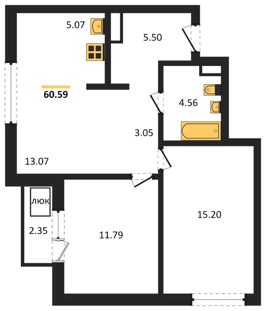 Планировка: 2-комн., 60,6 м²