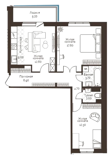 Планировка: 2-комн., 67,4 м²