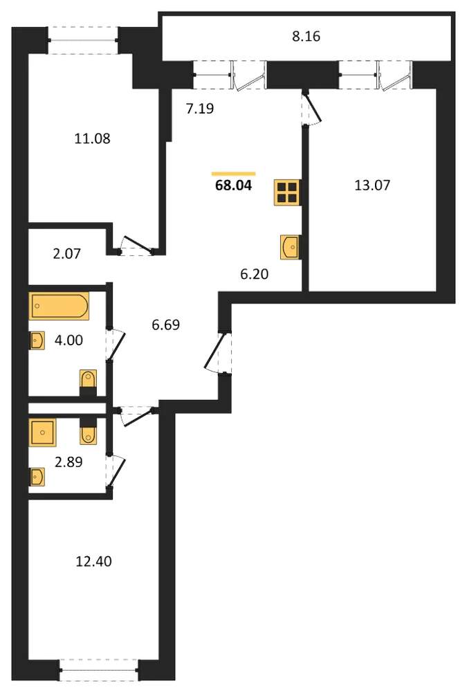 Планировка: 3-комн., 68 м²