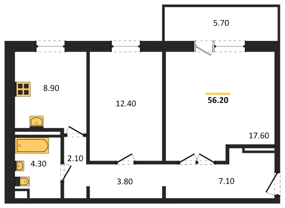 Планировка: 2-комн., 56,5 м²
