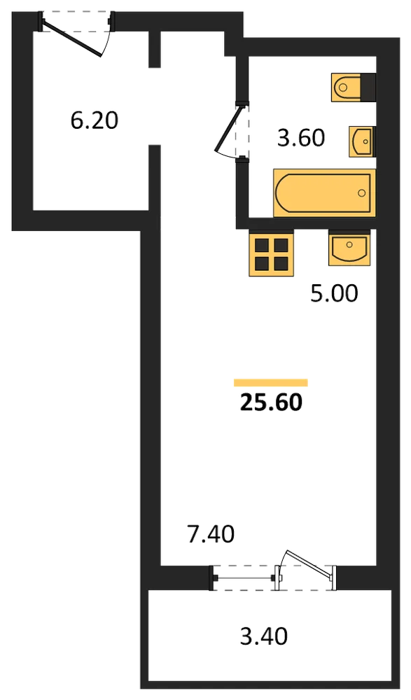 Планировка: Студия, 25,6 м²