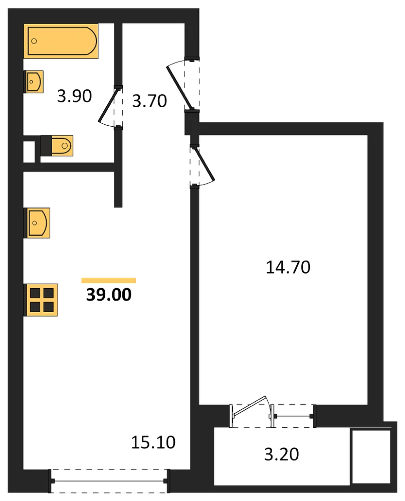 Планировка: 1-комн., 39 м²