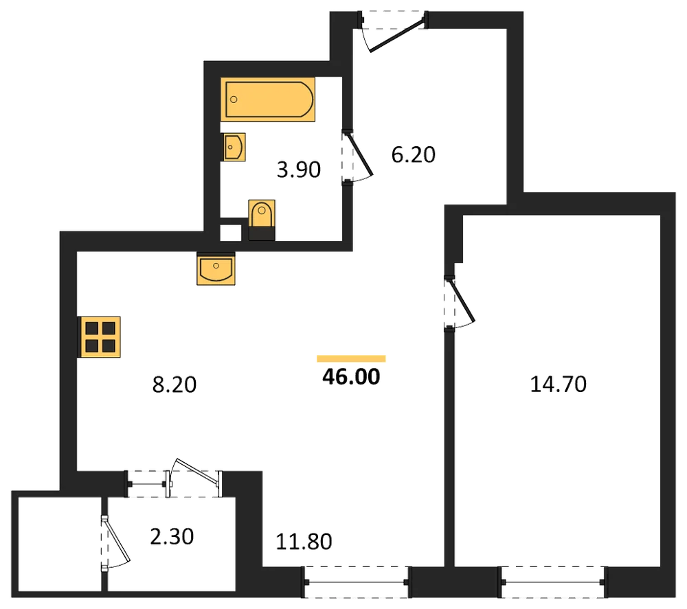 Планировка: 1-комн., 46 м²