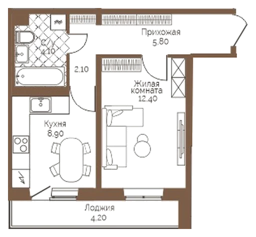 Планировка: 1-комн., 35,4 м²