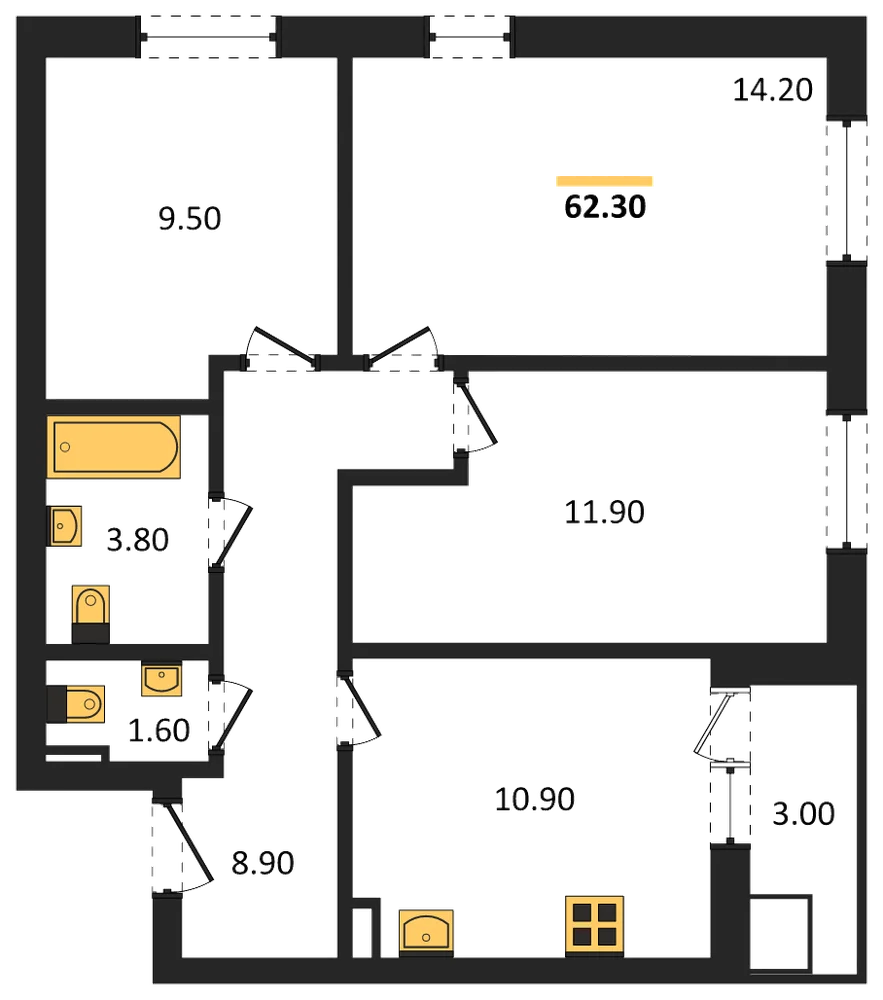 Планировка: 3-комн., 62,3 м²
