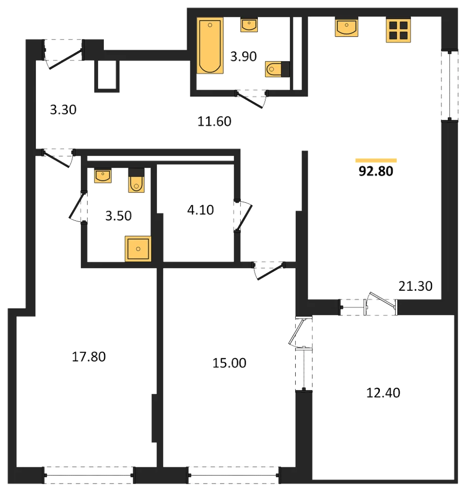 Планировка: 2-комн., 92,8 м²