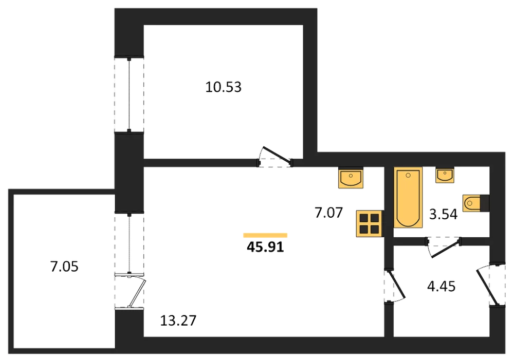 Планировка: 1-комн., 45,9 м²