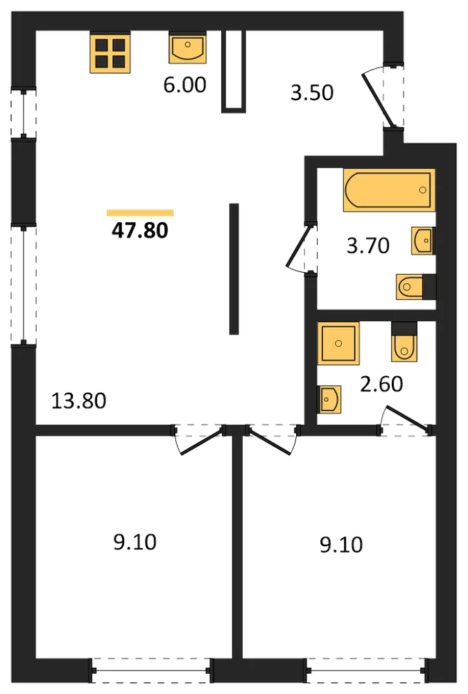 Планировка: 2-комн., 47,8 м²