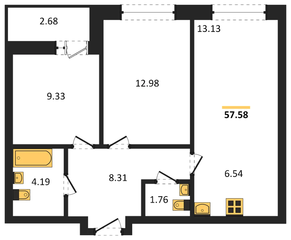 Планировка: 2-комн., 57,6 м²