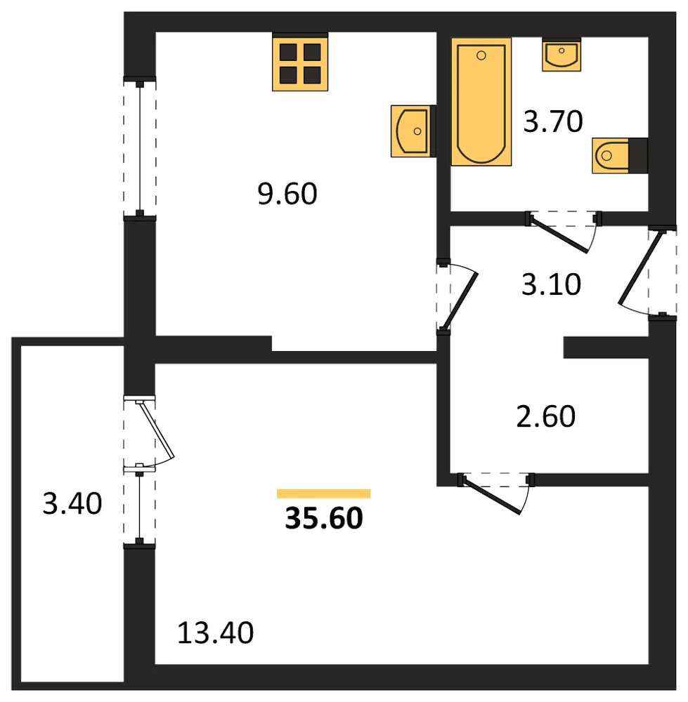 Планировка: 1-комн., 35,6 м²
