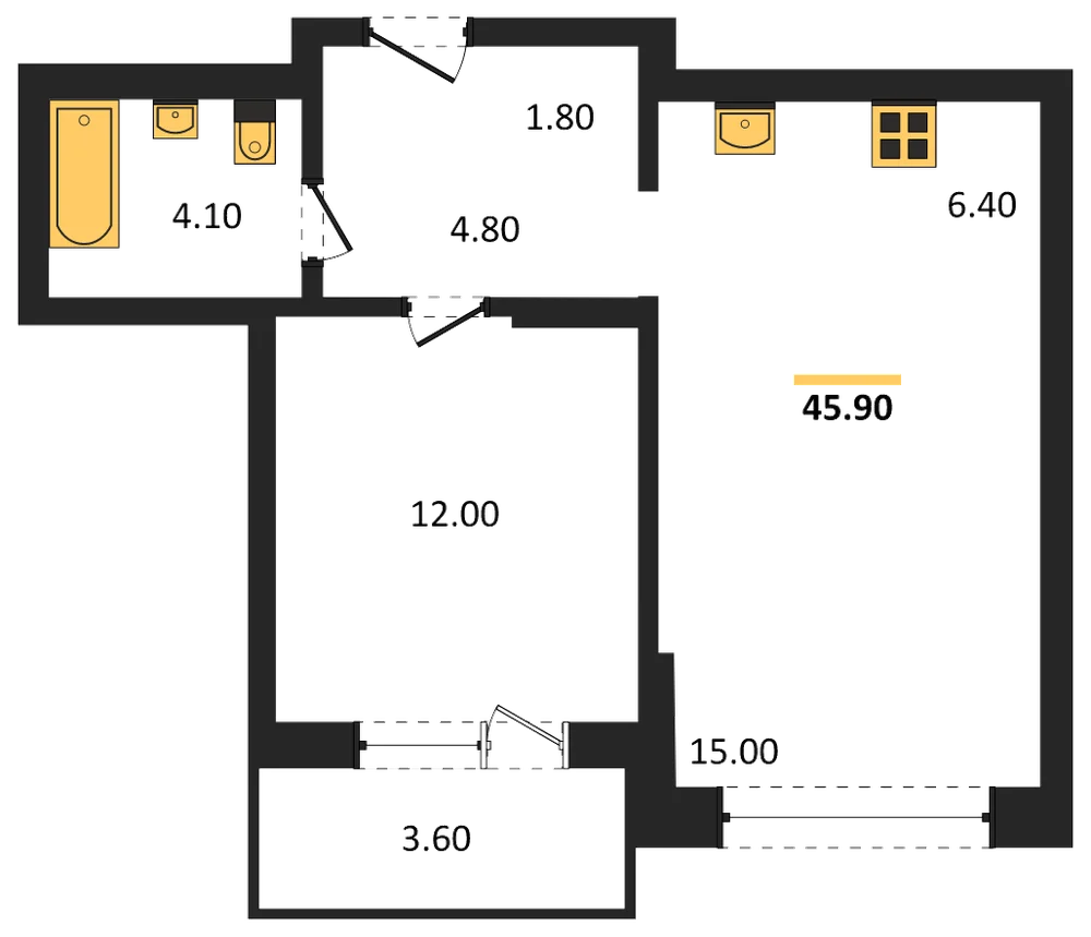 Планировка: 1-комн., 45,9 м²