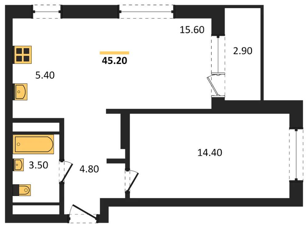 Планировка: 1-комн., 45,2 м²
