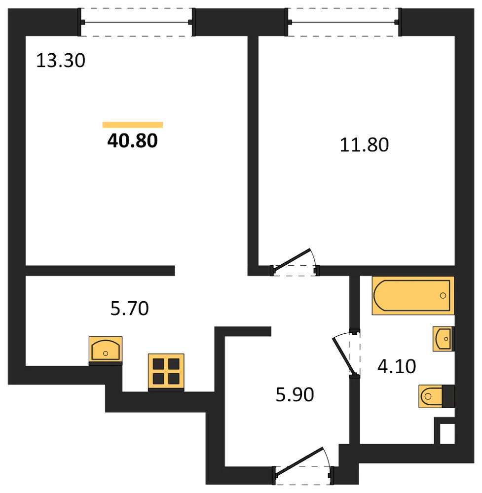 Планировка: 1-комн., 40,8 м²