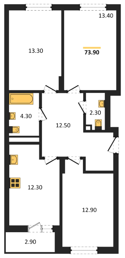 Планировка: 3-комн., 73,9 м²