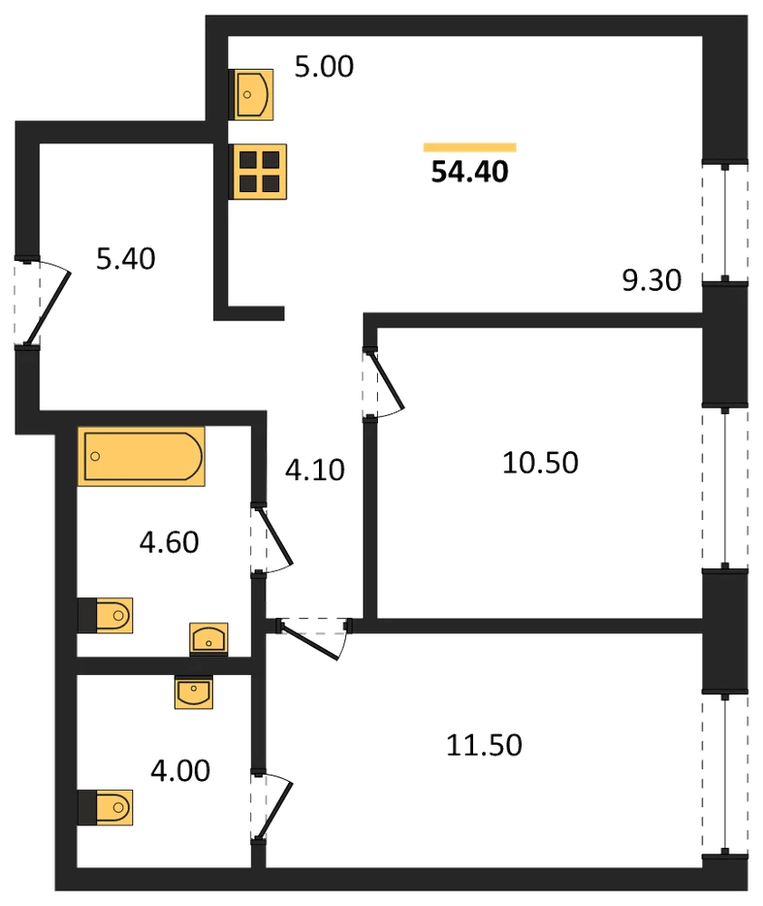 Планировка: 2-комн., 54,4 м²