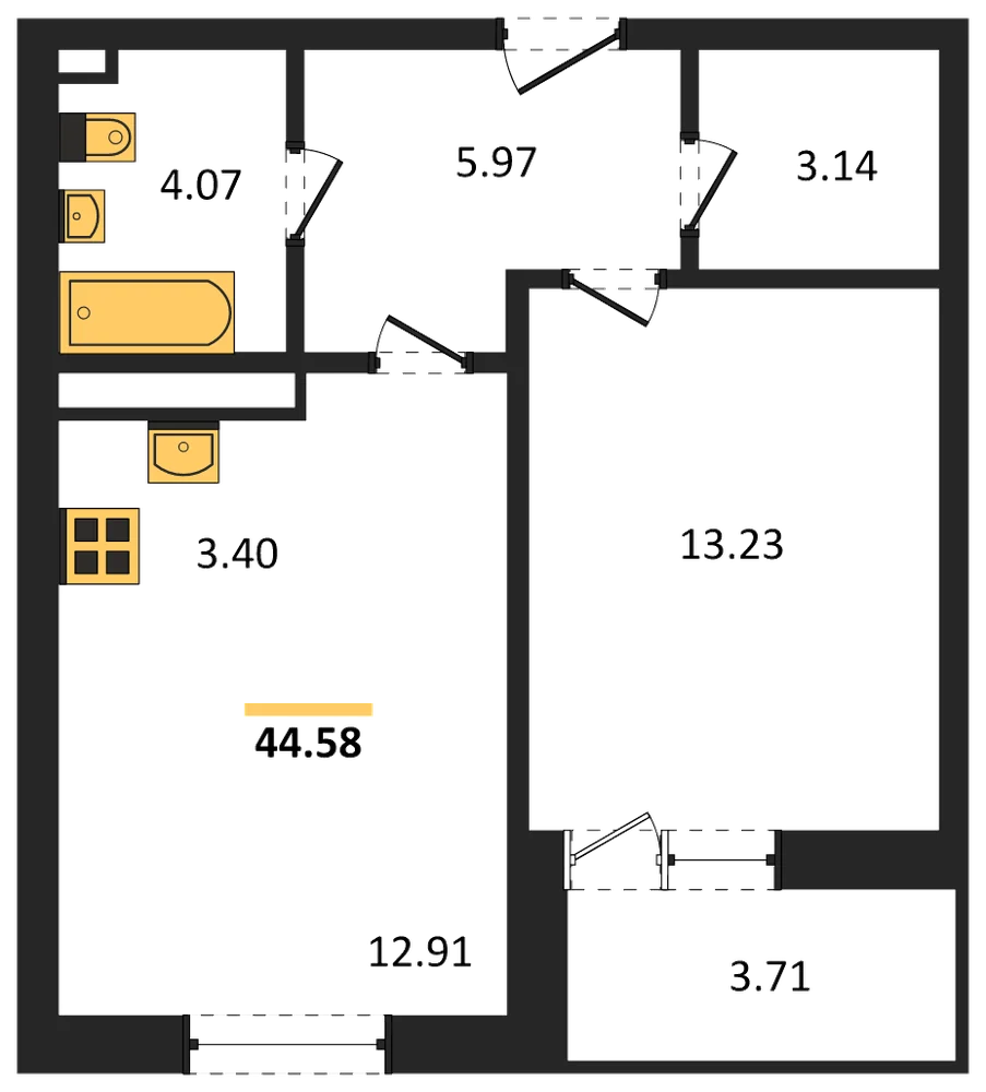 Планировка: 1-комн., 44,6 м²