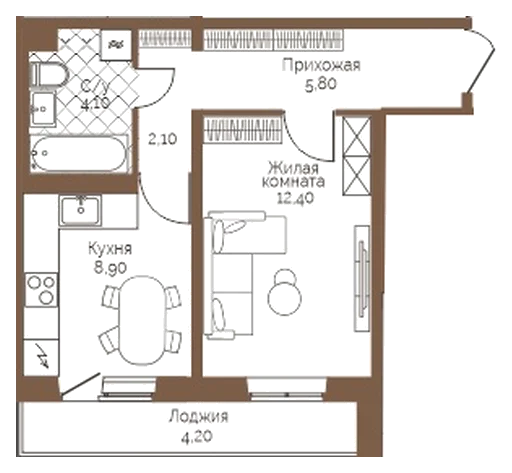 Планировка: 1-комн., 35,4 м²
