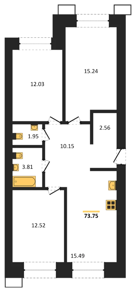 Планировка: 3-комн., 73,8 м²