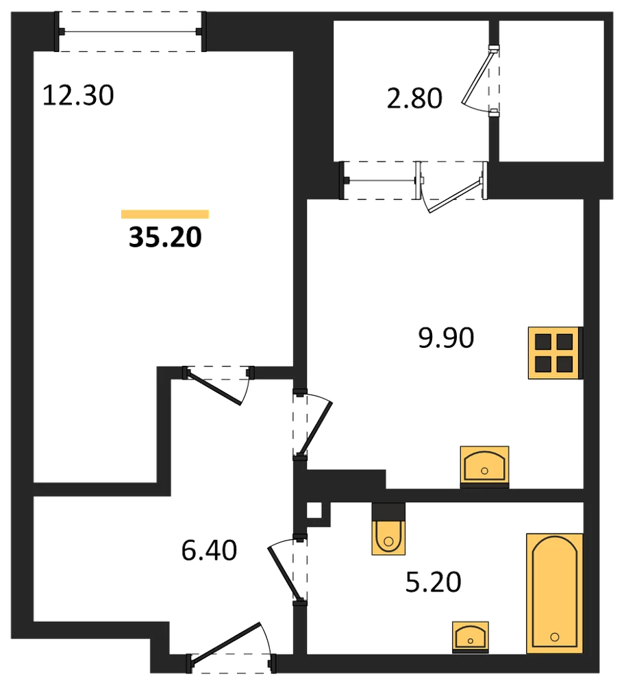 Планировка: 1-комн., 35,2 м²