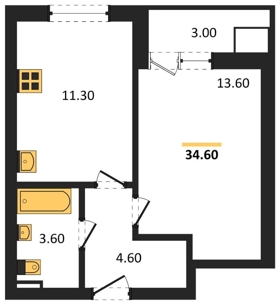 Планировка: 1-комн., 34,6 м²