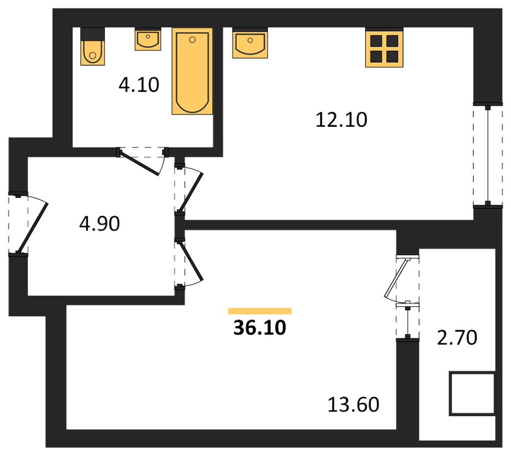 Планировка: 1-комн., 36,1 м²