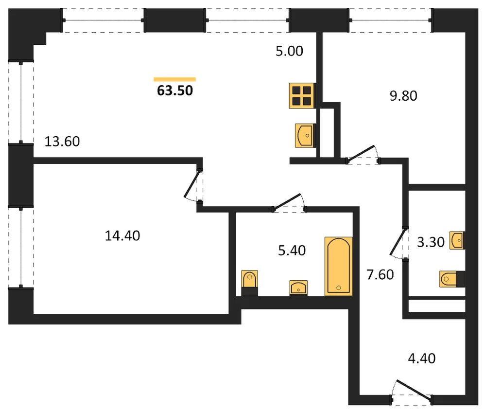 Планировка: 3-комн., 63,5 м²