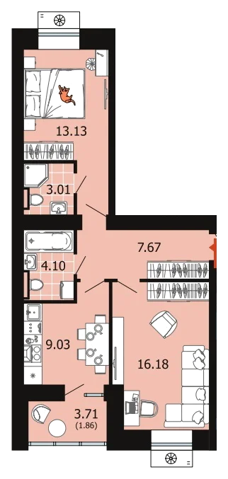 Планировка: 2-комн., 55 м²