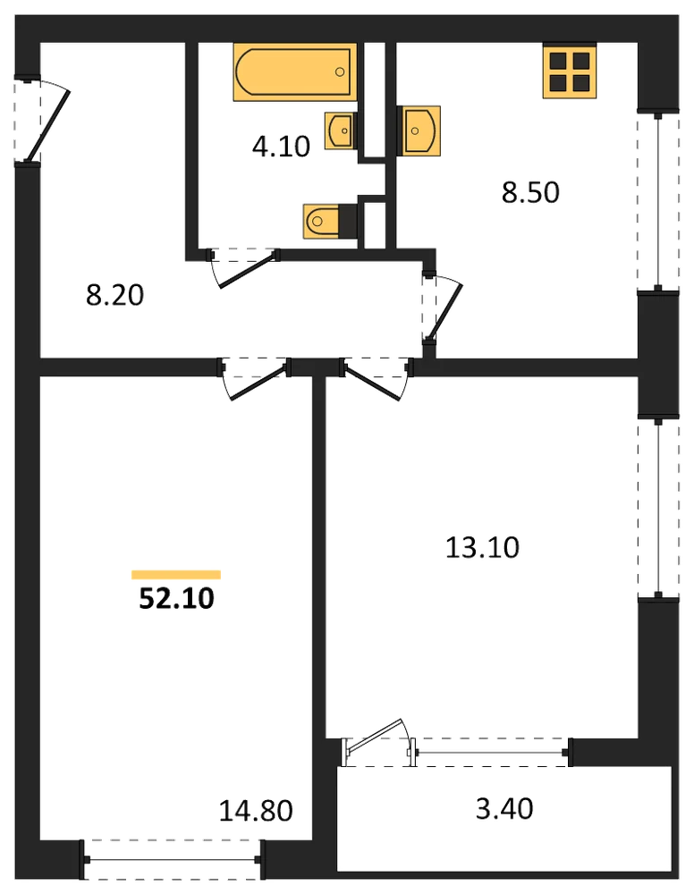 Планировка: 2-комн., 52,1 м²