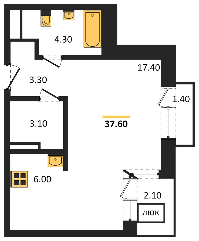 Планировка: Студия, 37,6 м²
